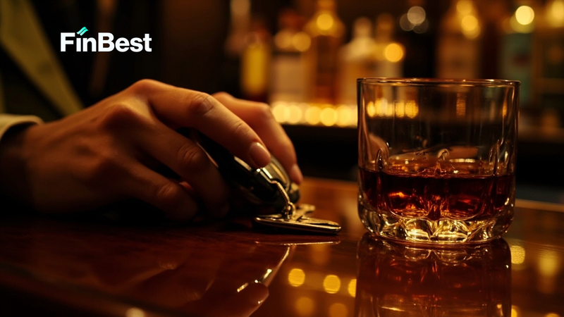 Рука людини тримає автомобільні ключі на барній стійці поруч із келихом міцного алкоголю — символ небезпеки кермування напідпитку. Рука людини тримає автомобільні ключі на барній стійці поруч із келихом міцного алкоголю — символ небезпеки кермування напідпитку.