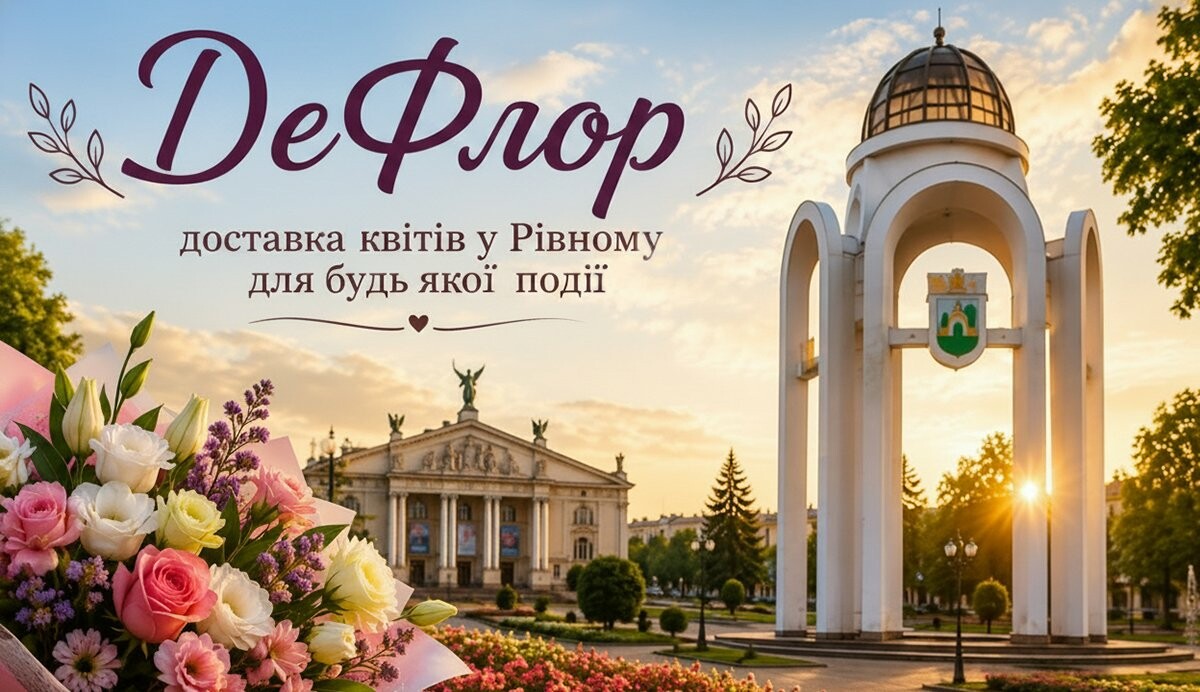 Рівне - місто з культурною спадщиною та сервісом доставки квітів DeFlor для будь-якої події Панорама міста Рівне та квітами, що символізує зручну доставку квітів DeFlor у Рівному для будь-якої події